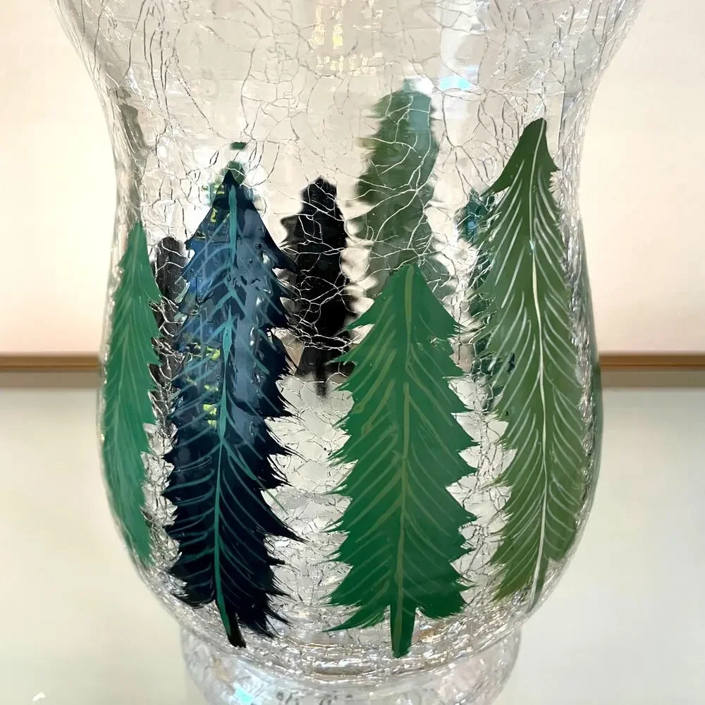 Christmas Pine Tree Crackle Glass Hurricane Candle Holder 8 x 5.5 Holiday New